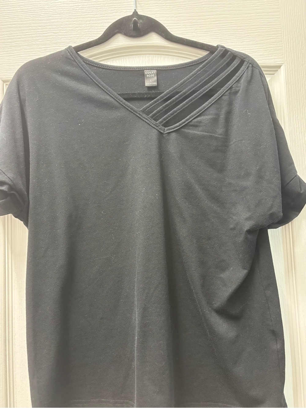 Black V-Neck Short Sleeve Top with Strap Detail